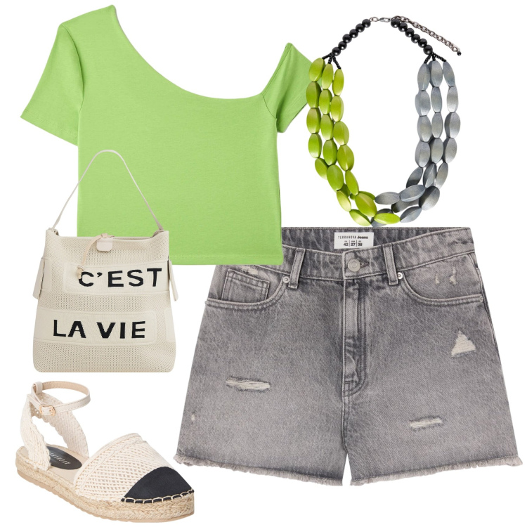 Outfit donna - Summertime. Stile Casual per Tutti i giorni. Abbinamento con shorts, t-shirt, espadrillas, borse a mano, collane.