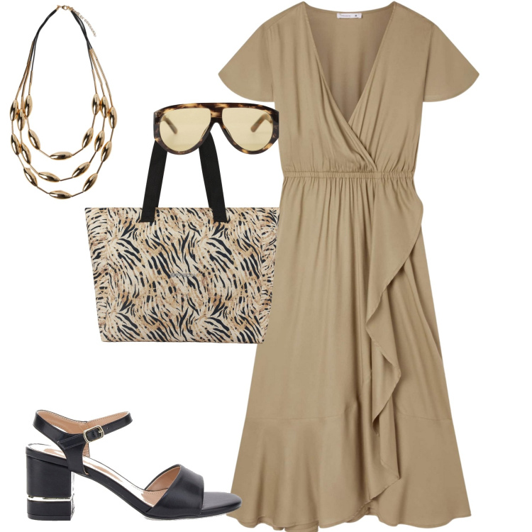 Outfit donna - City. Stile Urban per Tutti i giorni. Abbinamento con vestiti lunghi, occhiali da sole, shopping bag, sandali col tacco, collane.