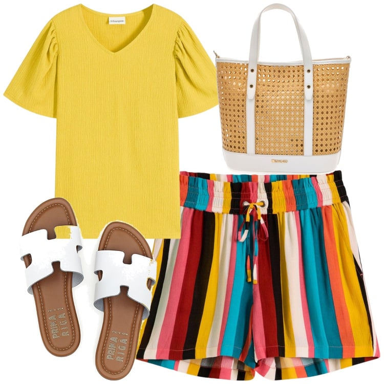 Outfit donna - Al mare. Stile Casual per Mare. Abbinamento con pantaloni corti, t-shirt, borse a spalla, ciabatte.