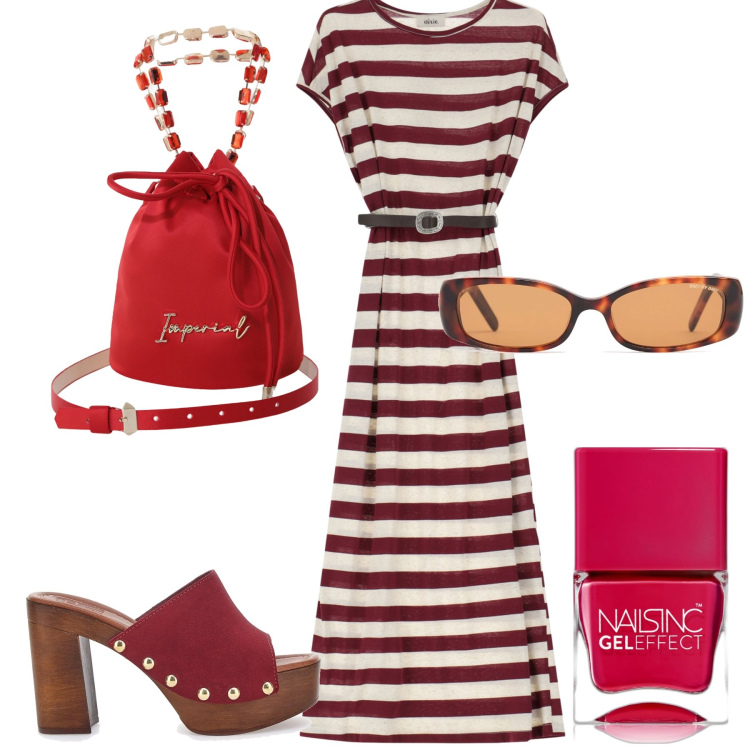 Outfit donna - Giugno. Stile Casual per Tutti i giorni. Abbinamento con smalti, borse a secchiello, vestiti midi/longuette, zoccoli, occhiali da sole.