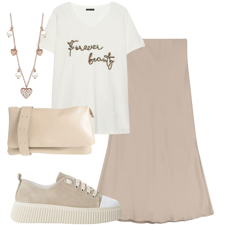 Outfit donna - City. Stile Urban per Tutti i giorni. Abbinamento con borse a tracolla, collane, sneakers, gonne lunghe, t-shirt.