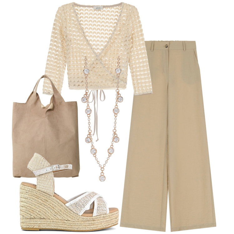 Outfit donna - Giugno in città. Stile Urban per Tutti i giorni. Abbinamento con collane, top, shopping bag, pantaloni, zeppe.