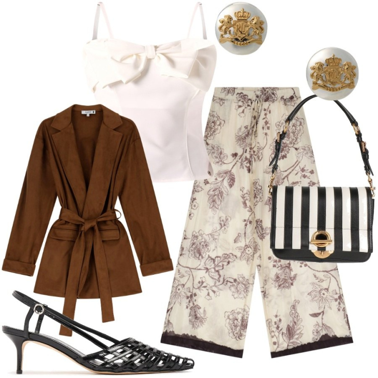 Outfit donna - Fantasie e tessuti a contrasto. Stile Chic per Cerimonia. Abbinamento con borse a mano, canottiere, blazer, orecchini, pantaloni, scarpe col tacco.