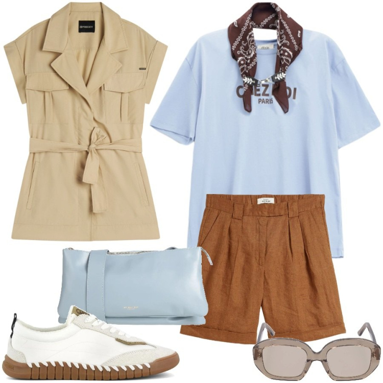 Outfit donna - Urban chic. Stile Casual chic per Tutti i giorni. Abbinamento con bermuda, borse a tracolla, t-shirt, trench, sneakers, occhiali da sole.