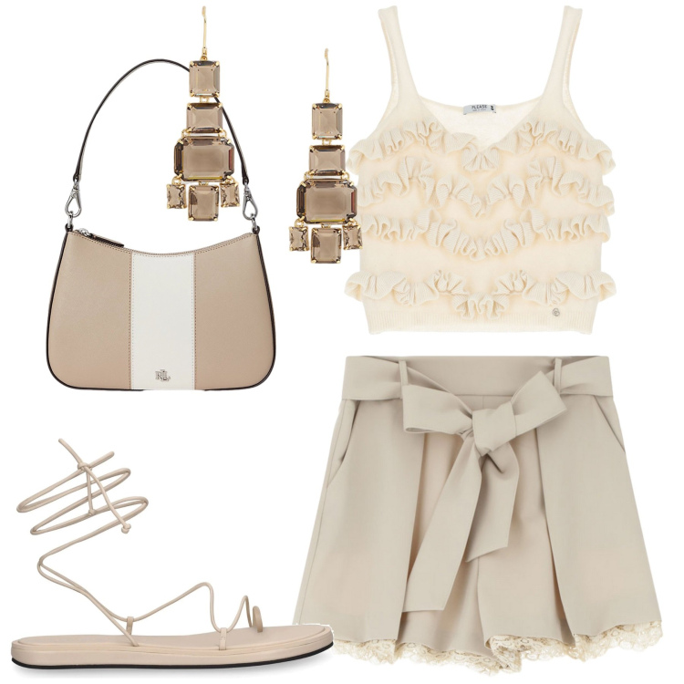 Outfit donna - City. Stile Trendy per Tutti i giorni. Abbinamento con top, shorts, borse a spalla, orecchini, sandali in pelle.