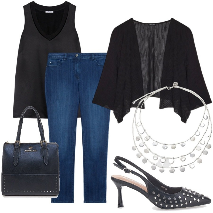 Outfit donna - Serata informale. Stile Casual chic per Serata fuori. Abbinamento con ciondoli, top, bolero, borse a mano, décolleté, jeans skinny.