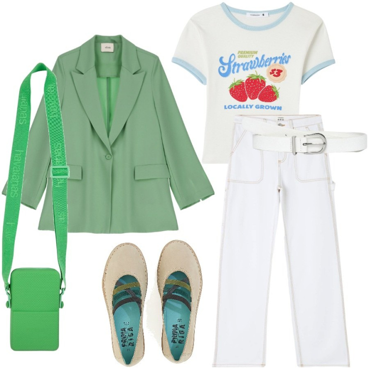 Outfit donna - Summer vibes. Stile Preppy per Tutti i giorni. Abbinamento con pantaloni, t-shirt, cinture, blazer, ballerine, borse a tracolla.