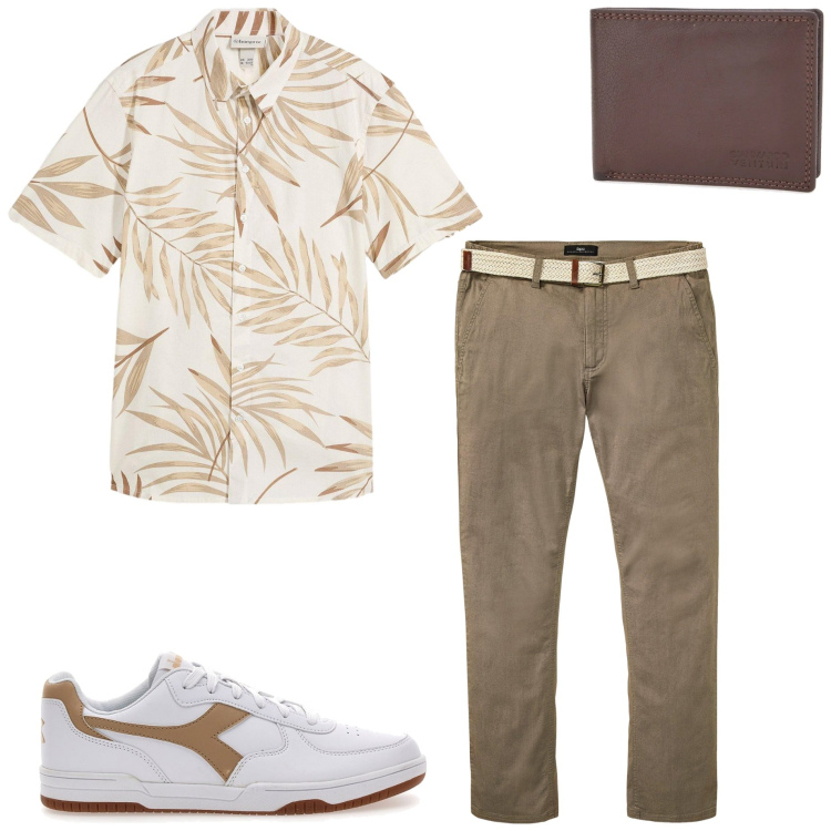 Outfit uomo - Aperitivo con gli amici. Stile Casual per Serata speciale. Abbinamento con pantaloni chino, camicie a manica corta, portafogli, sneakers.