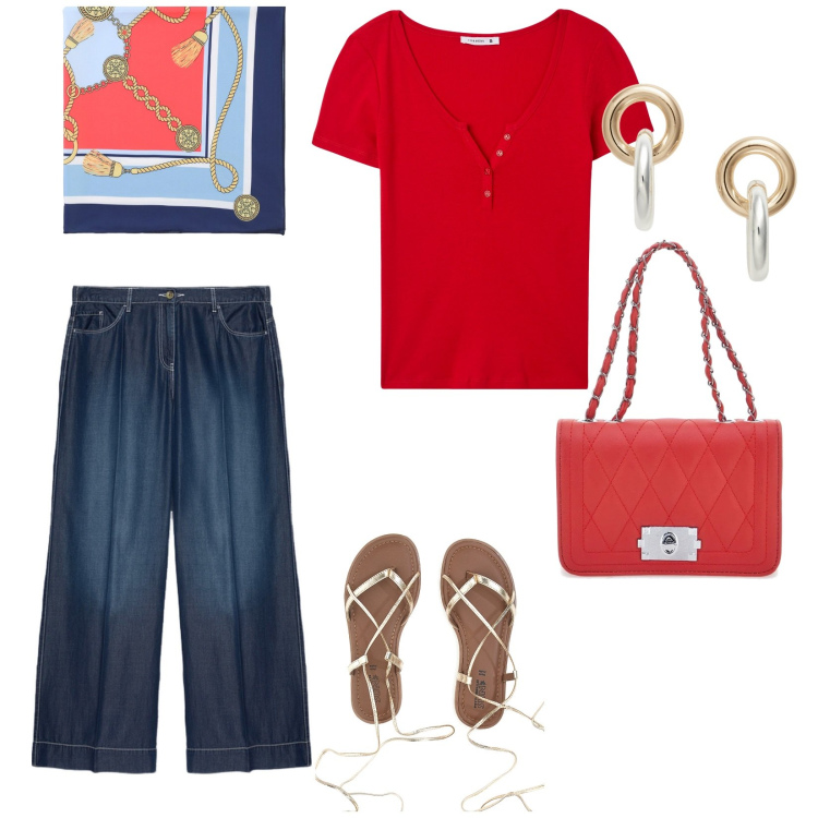 Outfit donna - Comoda. per Tutti i giorni. Abbinamento con t-shirt, foulard, orecchini, pantaloni, sandali alla schiava, borse a tracolla.