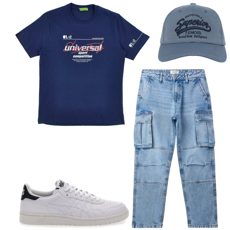 Outfit uomo - Casual style. Stile Casual per Tutti i giorni. Abbinamento con cappelli con visiera, jeans, sneakers, t-shirt.