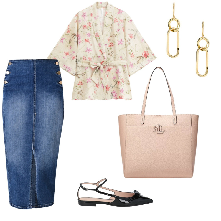 Outfit donna - In camicia a lavoro. per Ufficio. Abbinamento con ballerine, kimono, gonne longuette, orecchini, borse tote.