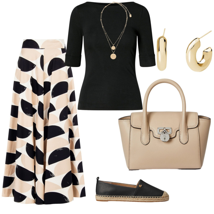 Outfit donna - Una gonna da mettere sempre. per Ufficio. Abbinamento con orecchini, gonne longuette, ciondoli, borse a mano, t-shirt, espadrillas.
