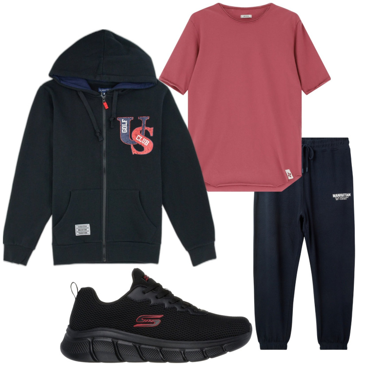 Outfit uomo - Total look #2180778. Stile Casual per Sport. Abbinamento con pantaloni sportivi, t-shirt, felpe con cappuccio, sneakers.