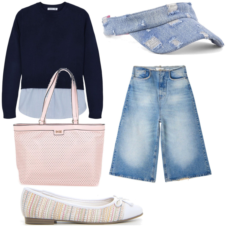 Outfit donna - Passeggiata con amica. Stile Casual chic per Tutti i giorni. Abbinamento con jeans, maglieria, cappelli con visiera, borse a spalla, ballerine.