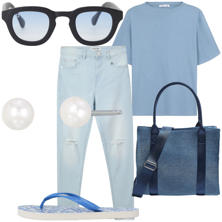 Outfit donna - Perle all orecchie. Stile Casual chic per Tutti i giorni. Abbinamento con jeans strappati, infradito, t-shirt, shopping bag, orecchini, occhiali da sole.