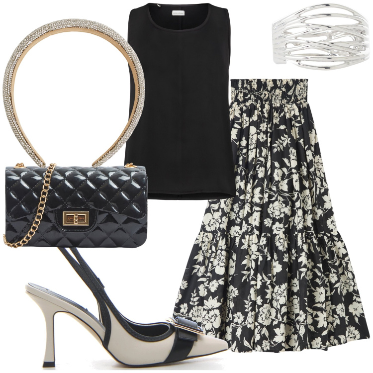 Outfit donna - La gonna danzante. Stile Bon Ton per Serata fuori. Abbinamento con gonne lunghe, borse a tracolla, cerchietti, braccialetti, top, décolleté.