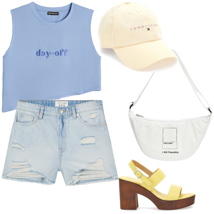 Outfit donna - Fine settimana. Stile Basic per Tutti i giorni. Abbinamento con marsupi, shorts, t-shirt, zoccoli, cappelli.