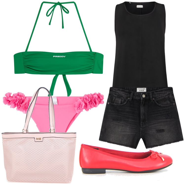 Outfit donna - Nero a colori. Stile Trendy per Mare. Abbinamento con shorts, bikini, bikini, top, ballerine, borse a spalla.