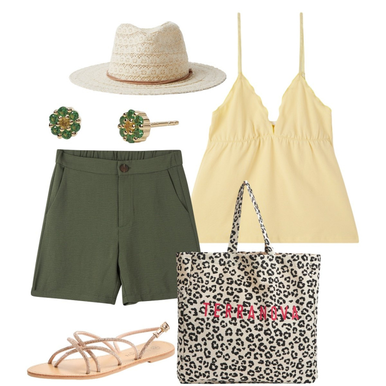 Outfit donna - Una giornata calda. Stile Casual chic per Tutti i giorni. Abbinamento con canottiere, cappelli, bermuda, shopping bag, sandali, orecchini.