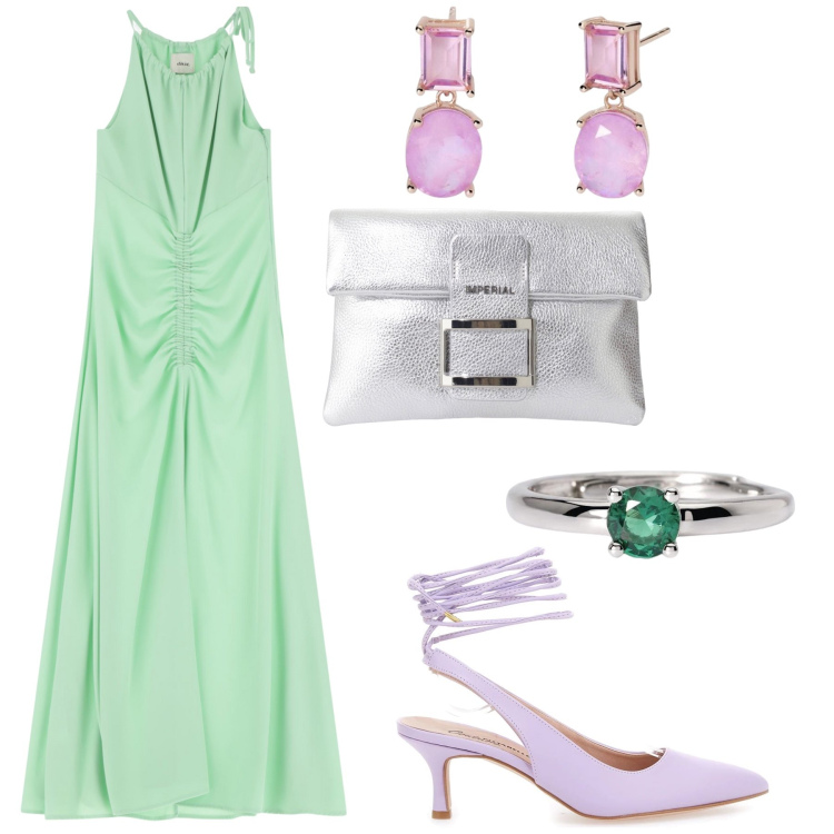 Outfit donna - Chic in lilla e verde. Stile Chic per Cerimonia. Abbinamento con anelli, orecchini, pochette, vestiti lunghi, décolleté.