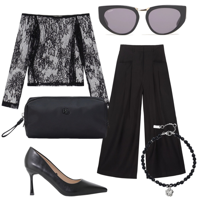 Outfit donna - La blusa in pizzo. Stile Glamour per Serata fuori. Abbinamento con braccialetti, décolleté, maglieria, pochette, pantaloni, occhiali da sole.