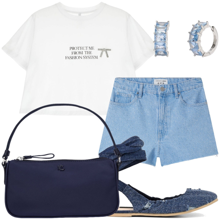 Outfit donna - Una tshirt molto carina. Stile Casual chic per Tutti i giorni. Abbinamento con shorts, orecchini, t-shirt, pochette, ballerine.