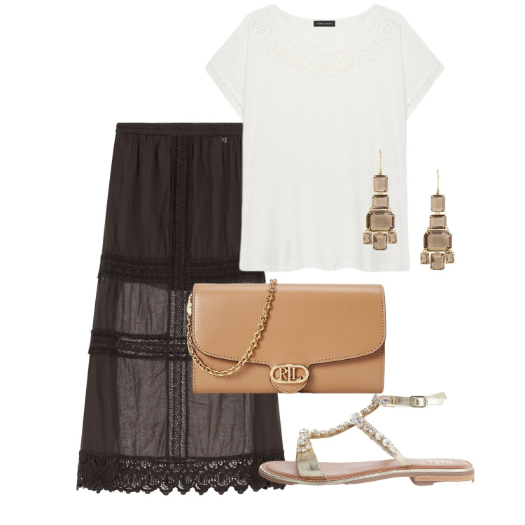 Outfit donna - Gonna lunghe e sandali - @nike75. Stile Romantica per Serata fuori. Abbinamento con gonne lunghe, sandali, borse a tracolla, orecchini, t-shirt.