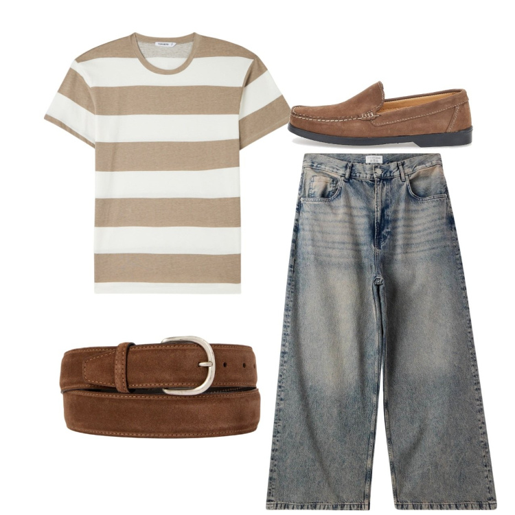 Outfit uomo - Righe estive. Stile Casual per Tutti i giorni. Abbinamento con t-shirt, jeans, cinture, scarpe stringate.
