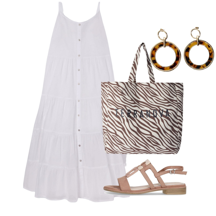 Outfit donna - Maxi Summer Dress - Lungo, fluido e pien. Stile Romantica per Tutti i giorni. Abbinamento con vestiti lunghi, borse tote, orecchini, sandali.