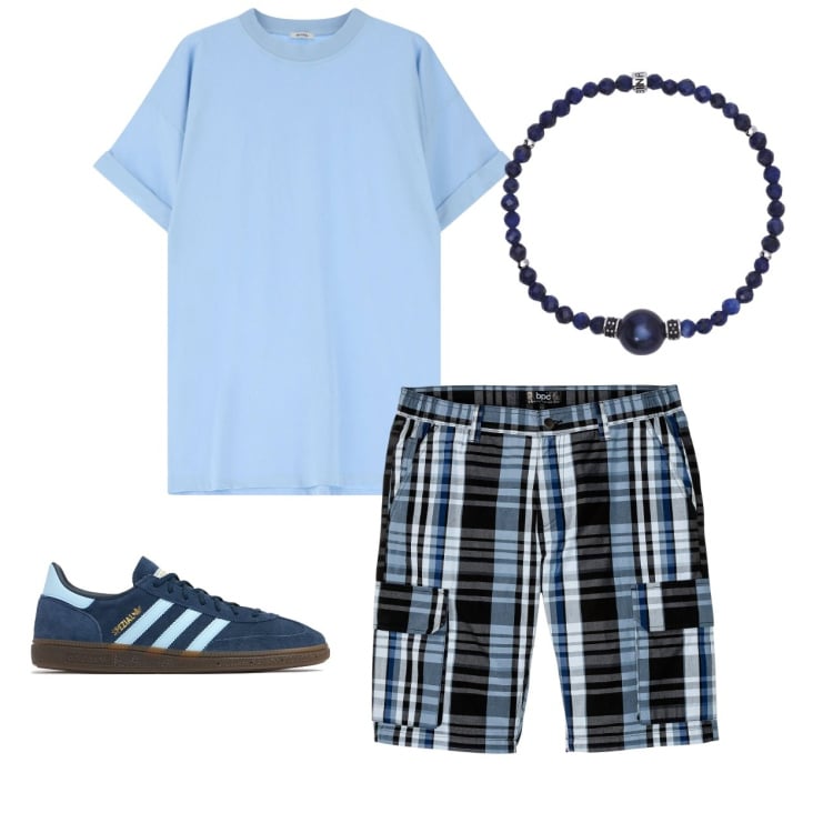 Outfit uomo - Weekend. Stile Casual per Tutti i giorni. Abbinamento con bermuda, braccialetti, t-shirt, sneakers.
