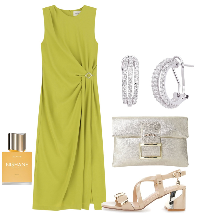 Outfit donna - Cerimonia lime giugno. Stile Chic per Cerimonia. Abbinamento con profumi, orecchini, pochette, vestiti midi/longuette, sandali col tacco.