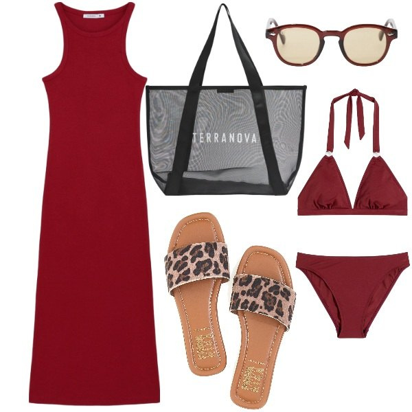 Outfit donna - Pronta per la spiaggia. Stile Basic per Mare. Abbinamento con bikini, vestiti lunghi, shopping bag, occhiali da sole, ciabatte.