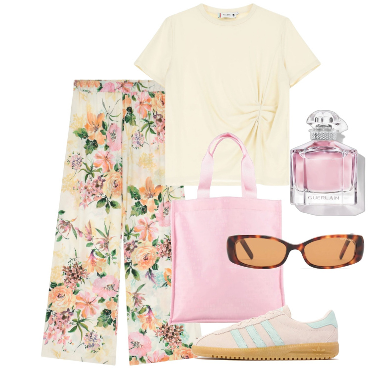 Outfit donna - Giugno. Stile Romantica per Tutti i giorni. Abbinamento con borse a mano, profumi, t-shirt, pantaloni a palazzo, sneakers, occhiali da sole.