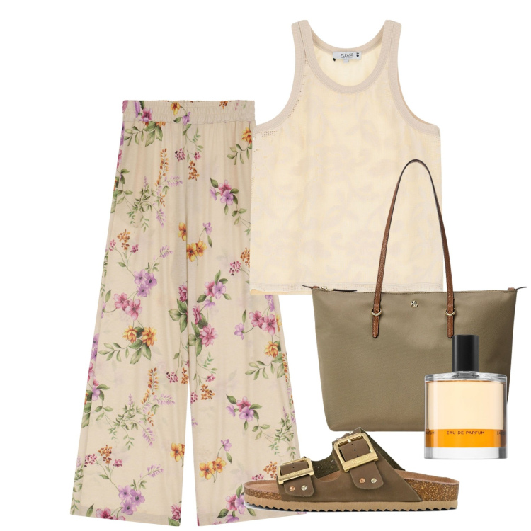 Outfit donna - All please. Stile Romantica per Tutti i giorni. Abbinamento con profumi, pantaloni, top, borse tote, sandali.
