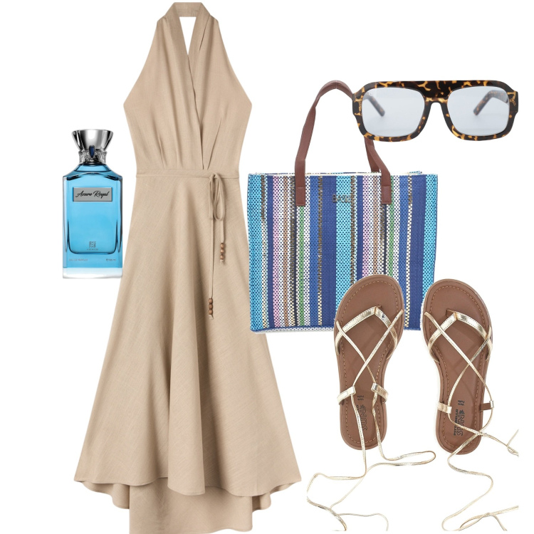 Outfit donna - Giugno. Stile Bon Ton per Tutti i giorni. Abbinamento con profumi, vestiti lunghi, occhiali da sole, sandali alla schiava, shopping bag.