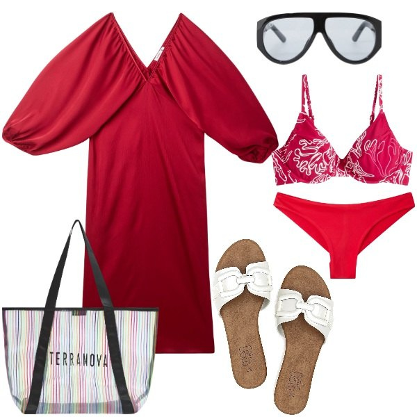 Outfit donna - Pronta per il mare. Stile Basic per Mare. Abbinamento con bikini, vestiti lunghi, bikini, shopping bag, occhiali da sole, ciabatte.
