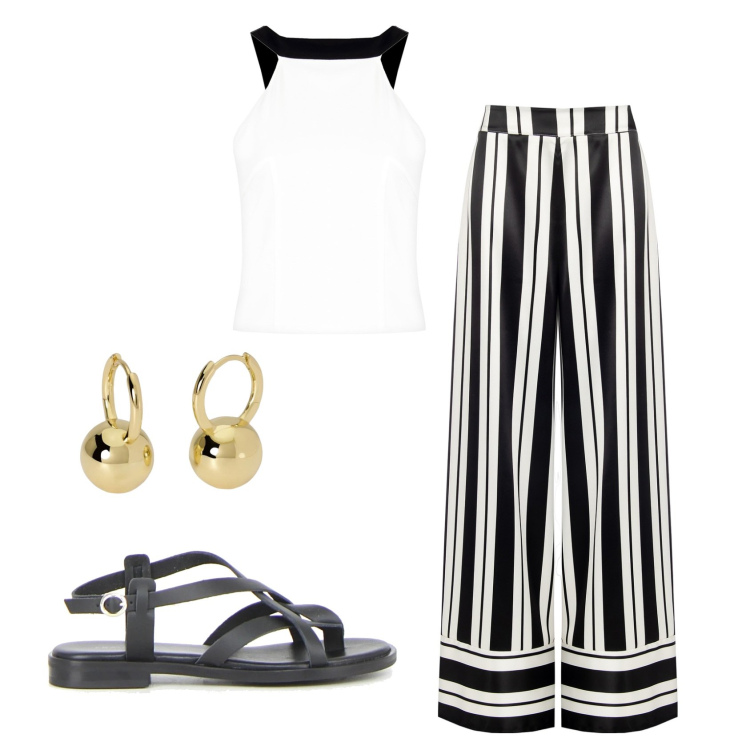 Outfit donna - Coordinati leggeri e chic. Stile Casual chic per Tutti i giorni. Abbinamento con pantaloni a palazzo, top, orecchini, sandali.