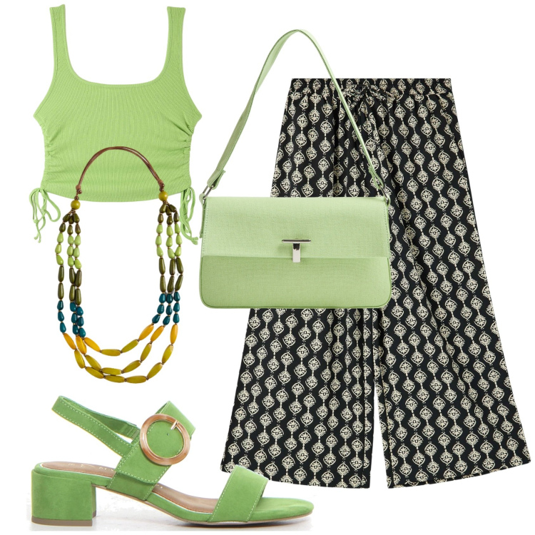 Outfit donna - Coordinati leggeri e chic. Stile Glamour per Tutti i giorni. Abbinamento con pantaloni a palazzo, top, borse a spalla, collane, sandali col tacco.