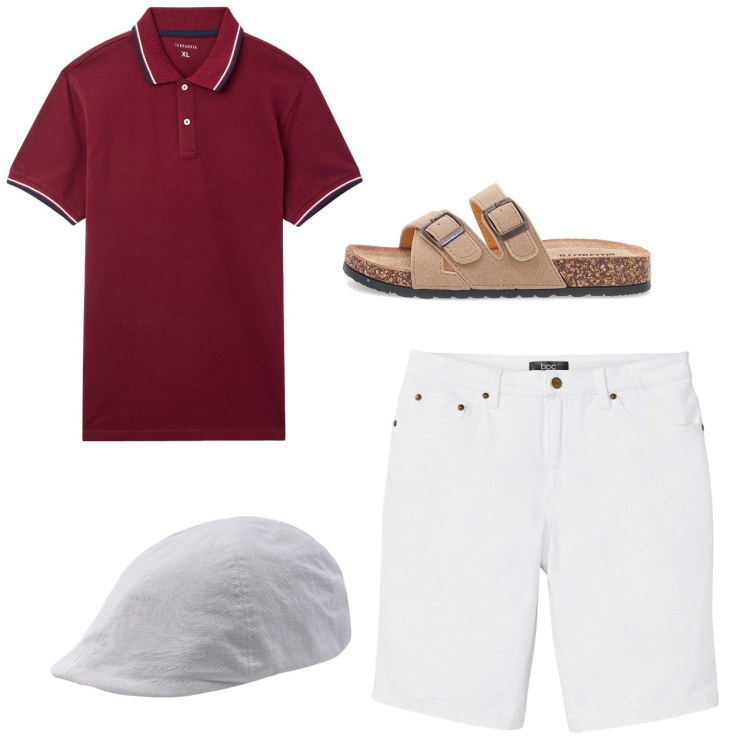 Outfit uomo - Coppola. Stile Casual per Tutti i giorni. Abbinamento con bermuda, polo, sandali, cappelli con visiera.