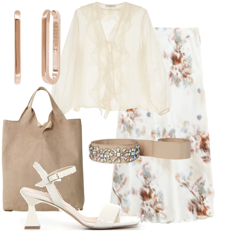 Outfit donna - Romantic boho. Stile Boho per Tutti i giorni. Abbinamento con orecchini, camicie, shopping bag, gonne, cinture, sandali col tacco.