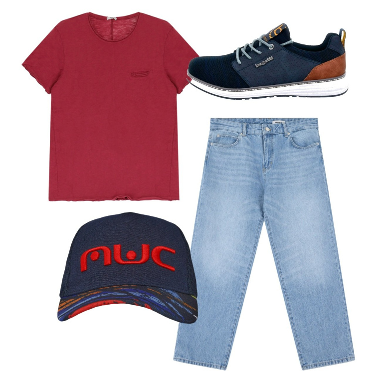 Outfit uomo - Tra amici. Stile Casual per Tutti i giorni. Abbinamento con cappelli, jeans, t-shirt, sneakers.