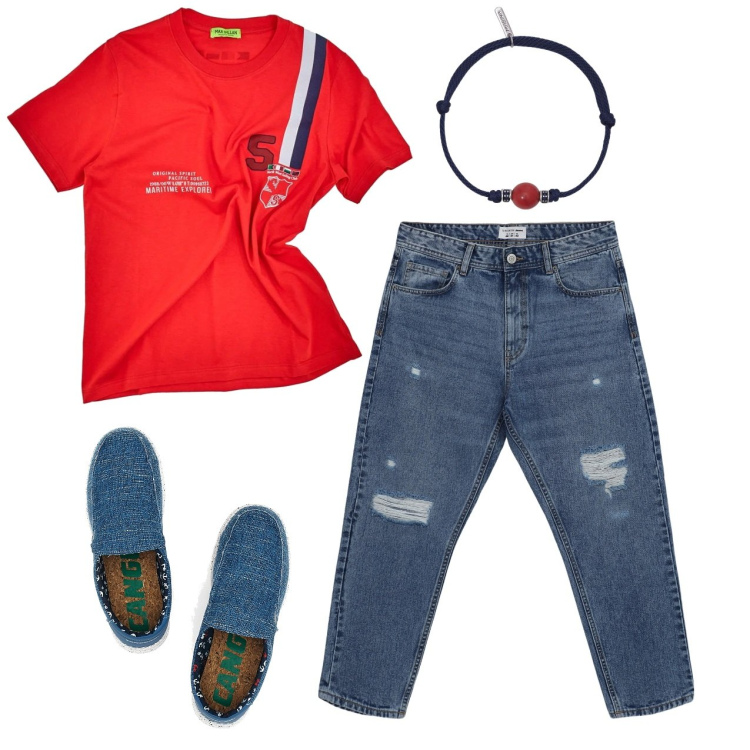Outfit uomo - Rosso e blu. Stile Casual per Tutti i giorni. Abbinamento con jeans strappati, braccialetti, t-shirt, sneakers.
