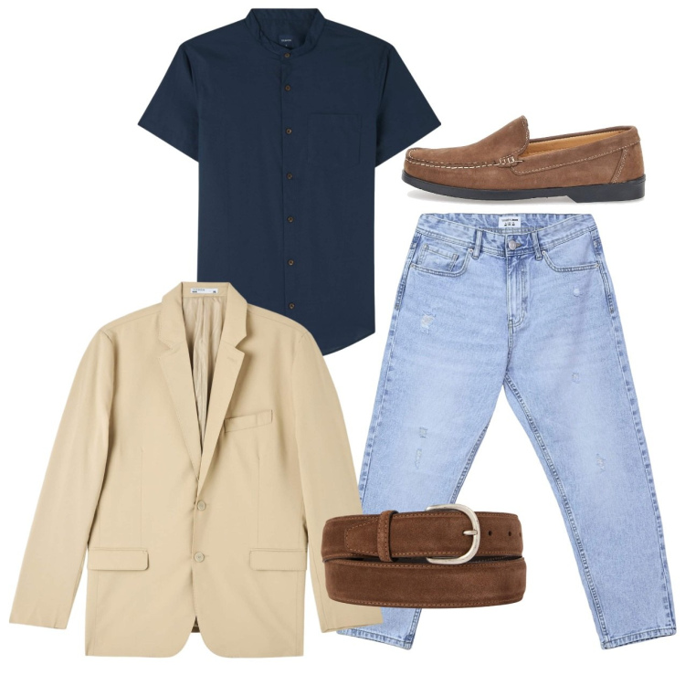Outfit uomo - Una giacca leggera. Stile Casual per Tutti i giorni. Abbinamento con camicie a manica corta, giacche, jeans strappati, cinture, scarpe stringate.