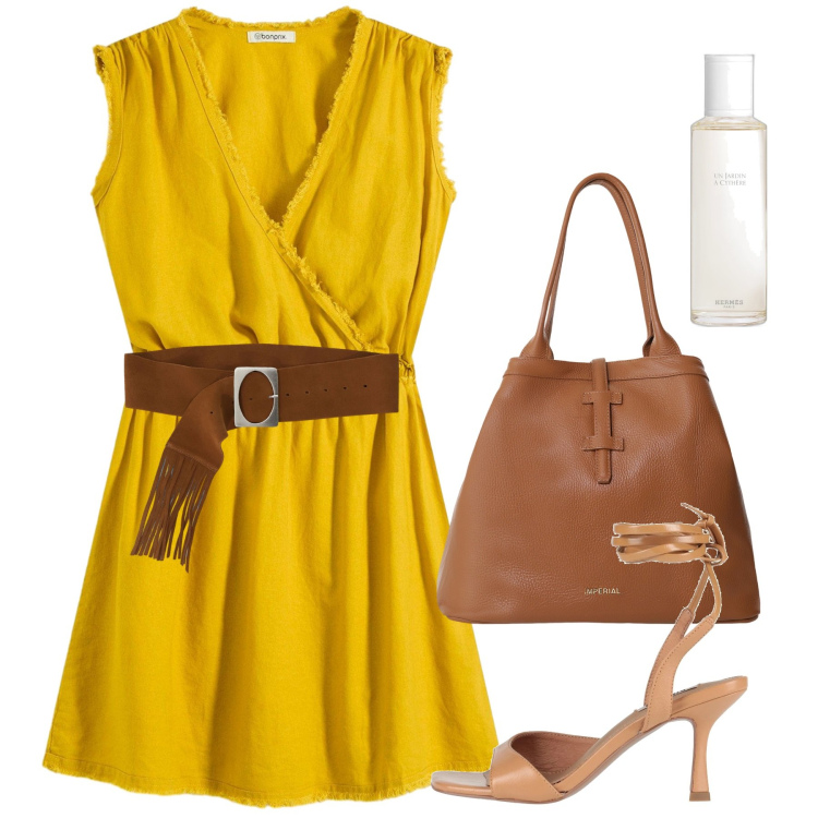 Outfit donna - Giugno. Stile Bon Ton per Tutti i giorni. Abbinamento con vestiti, sandali in pelle, profumi, borse tote, cinture.