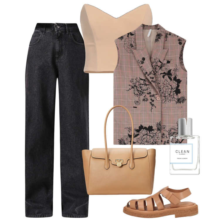 Outfit donna - Ricordi di Osaka. Stile Chic per Tutti i giorni. Abbinamento con top, sandali in pelle, profumi, jeans, gilet, borse a mano.