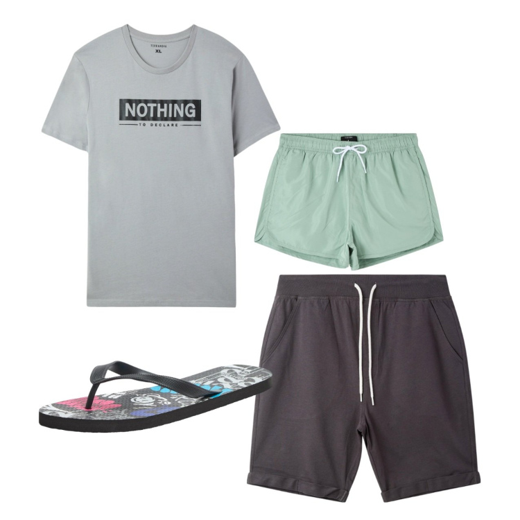 Outfit uomo - Mare. Stile Casual per Tutti i giorni. Abbinamento con costumi, sandali, t-shirt, bermuda.