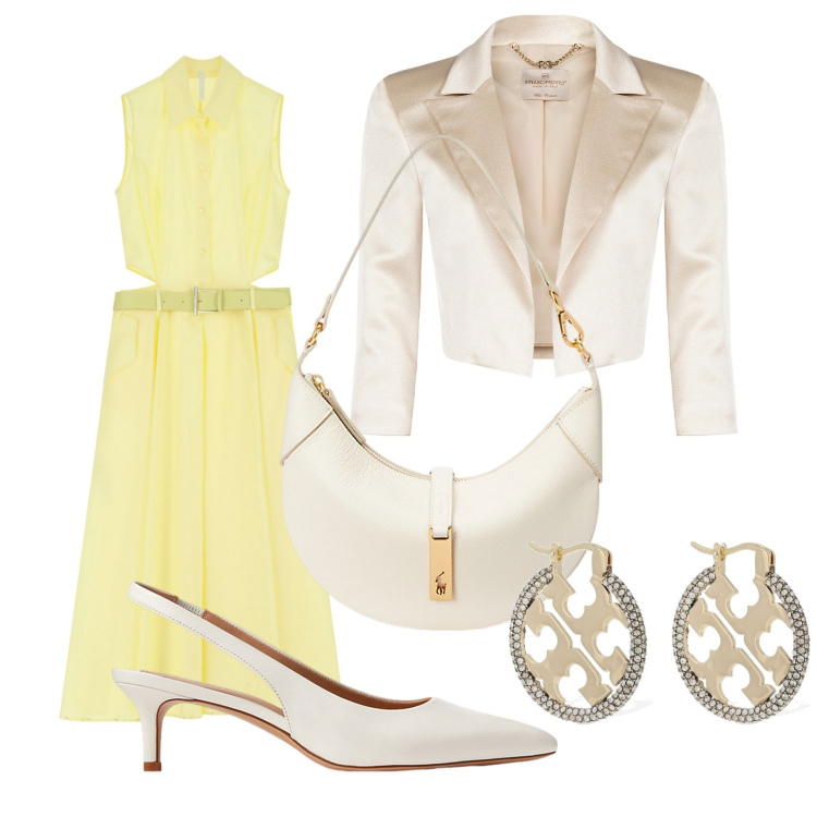 Outfit donna - La cresima a settembre. Stile Casual chic per Cerimonia. Abbinamento con bolero, vestiti senza maniche, borse a spalla, décolleté, orecchini.