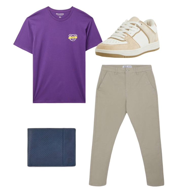 Outfit uomo - Pomeriggio libero. Stile Casual per Tutti i giorni. Abbinamento con t-shirt, pantaloni chino, sneakers, portafogli.