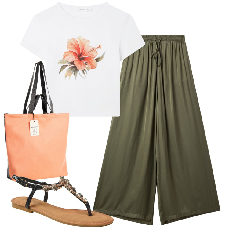 Outfit donna - City. Stile Casual chic per Tutti i giorni. Abbinamento con t-shirt, pantaloni a palazzo, sandali gioiello, borse tote.
