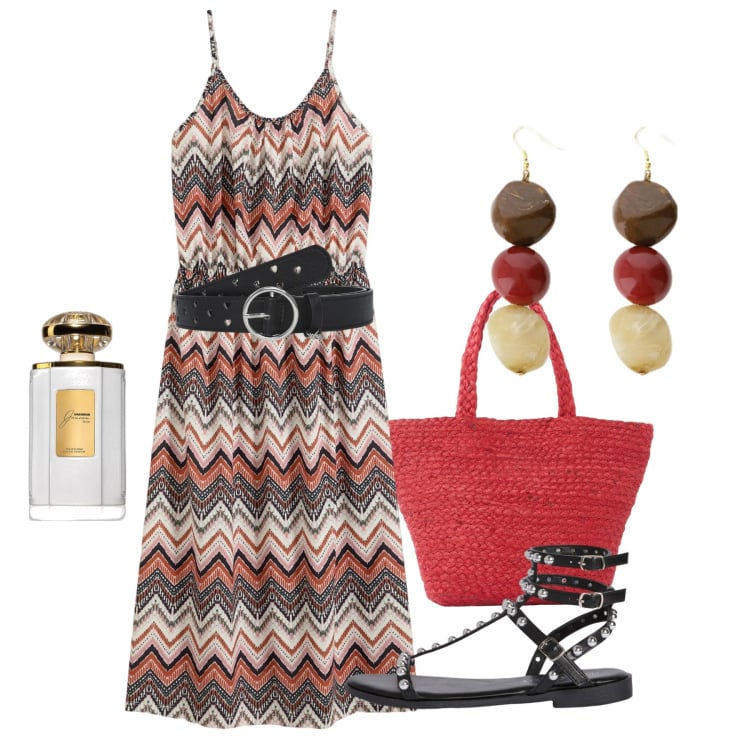 Outfit donna - Giugno. Stile Chic per Tutti i giorni. Abbinamento con vestiti, shopping bag, profumi, cinture, sandali, orecchini.